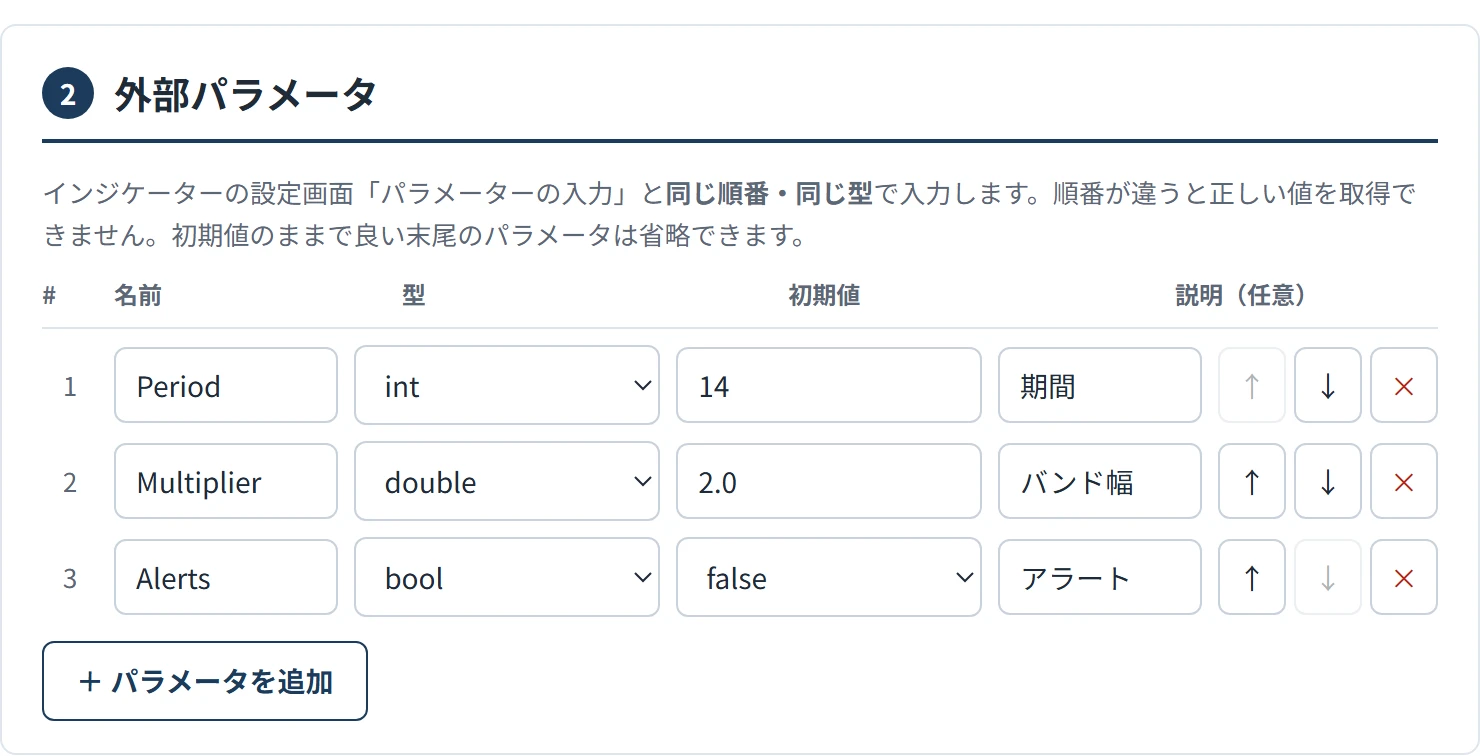 ツールの「2 外部パラメータ」の入力欄