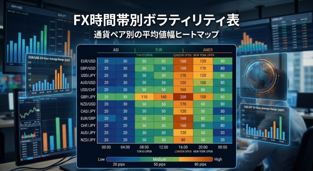 FX時間帯別ボラティリティ表｜通貨ペア別の平均値幅ヒートマップ