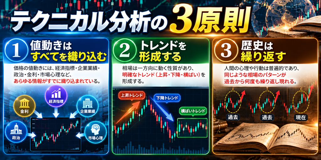 テクニカル分析の3原則、1.値動きはすべてを織り込む、2.トレンドを形成する、3.歴史は繰り返す