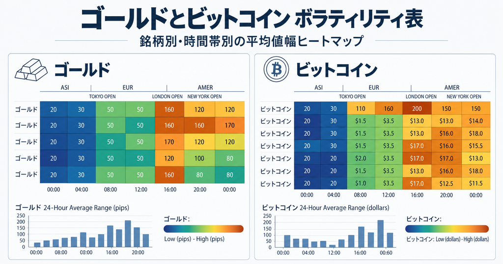 ゴールドの時間帯別ボラティリティ｜原油・ビットコインの平均値幅ヒートマップ